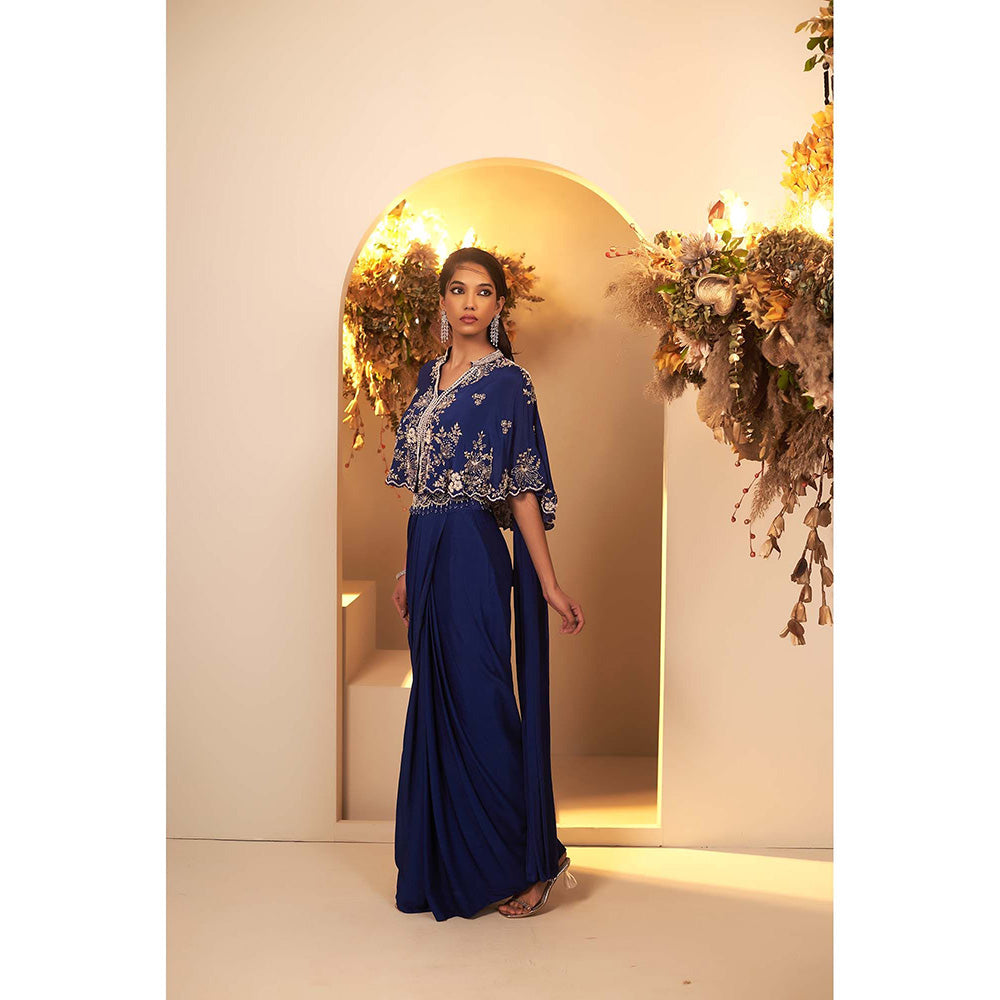 Baidehi Navy Blue Pre-Drape Saree with Stitched Blouse and Cape