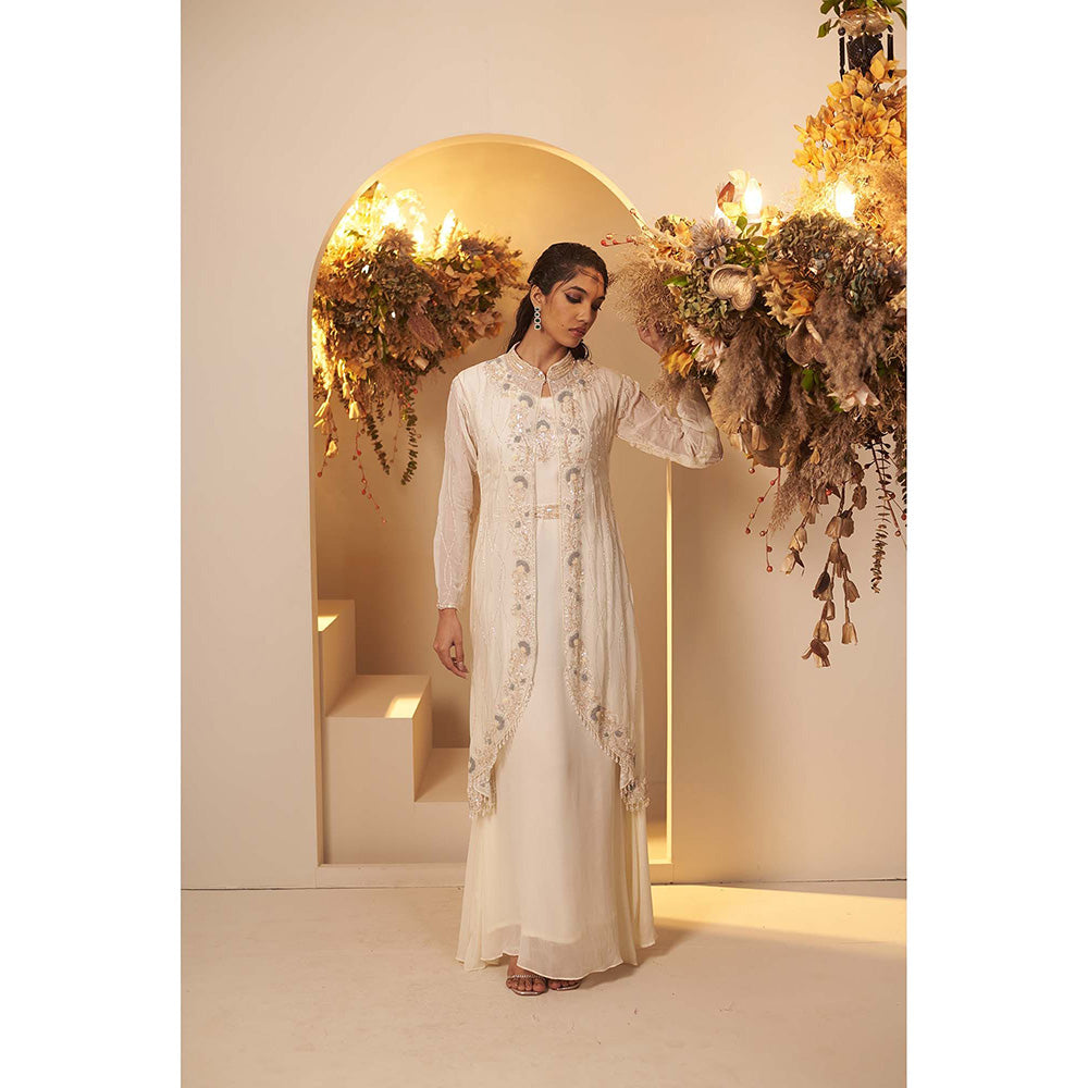 Baidehi Pearl White Gown Paired with Jacket and Belt (Set of 3)
