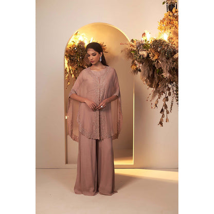 Baidehi Brown Embroidered Crop Top with Palazzo and Jacket (Set of 3)