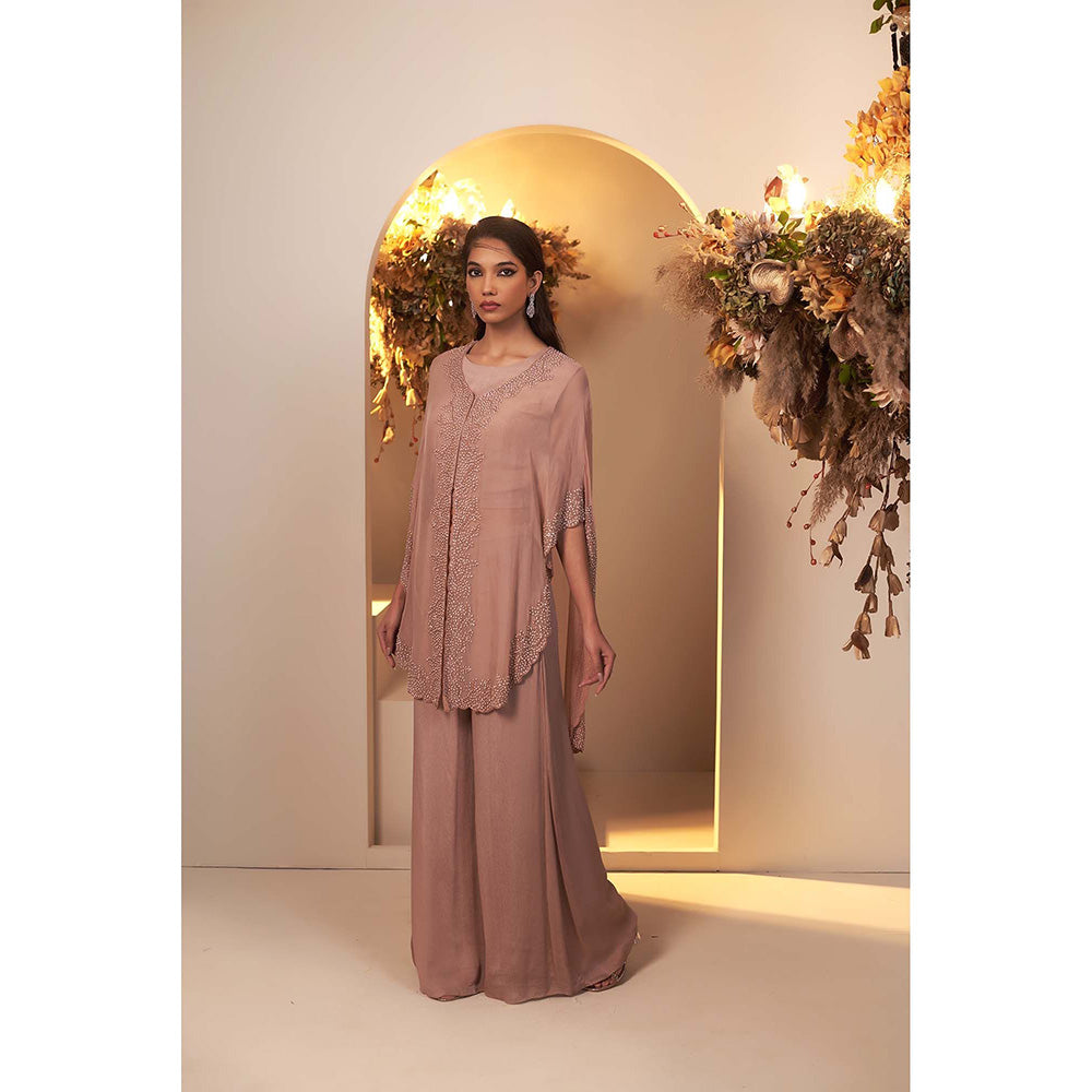 Baidehi Brown Embroidered Crop Top with Palazzo and Jacket (Set of 3)