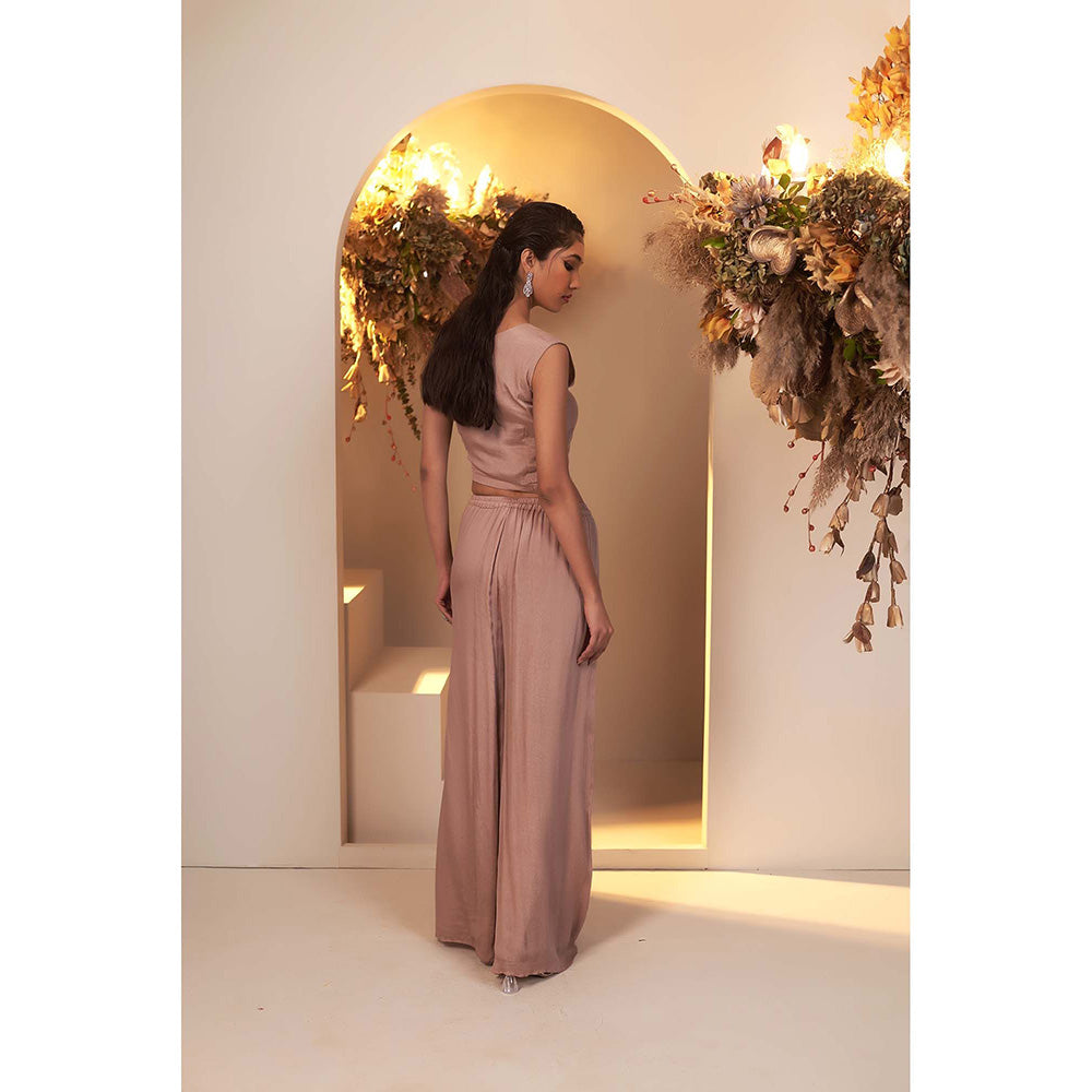 Baidehi Brown Embroidered Crop Top with Palazzo and Jacket (Set of 3)