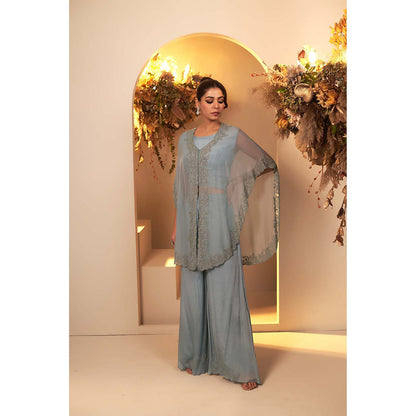 Baidehi Blue Embroidered Crop Top with Palazzo and Jacket (Set of 3)