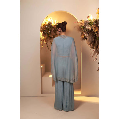 Baidehi Blue Embroidered Crop Top with Palazzo and Jacket (Set of 3)