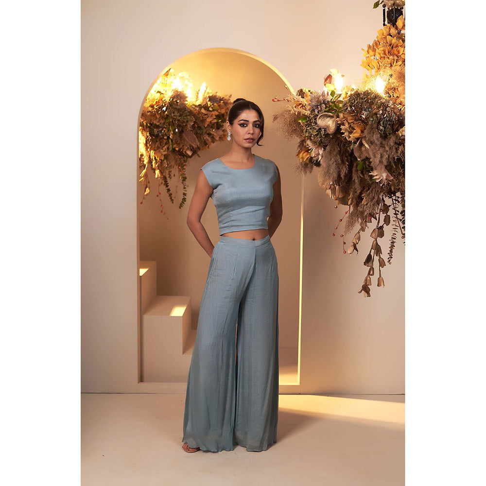 Baidehi Blue Embroidered Crop Top with Palazzo and Jacket (Set of 3)