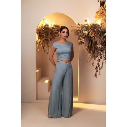 Baidehi Blue Embroidered Crop Top with Palazzo and Jacket (Set of 3)