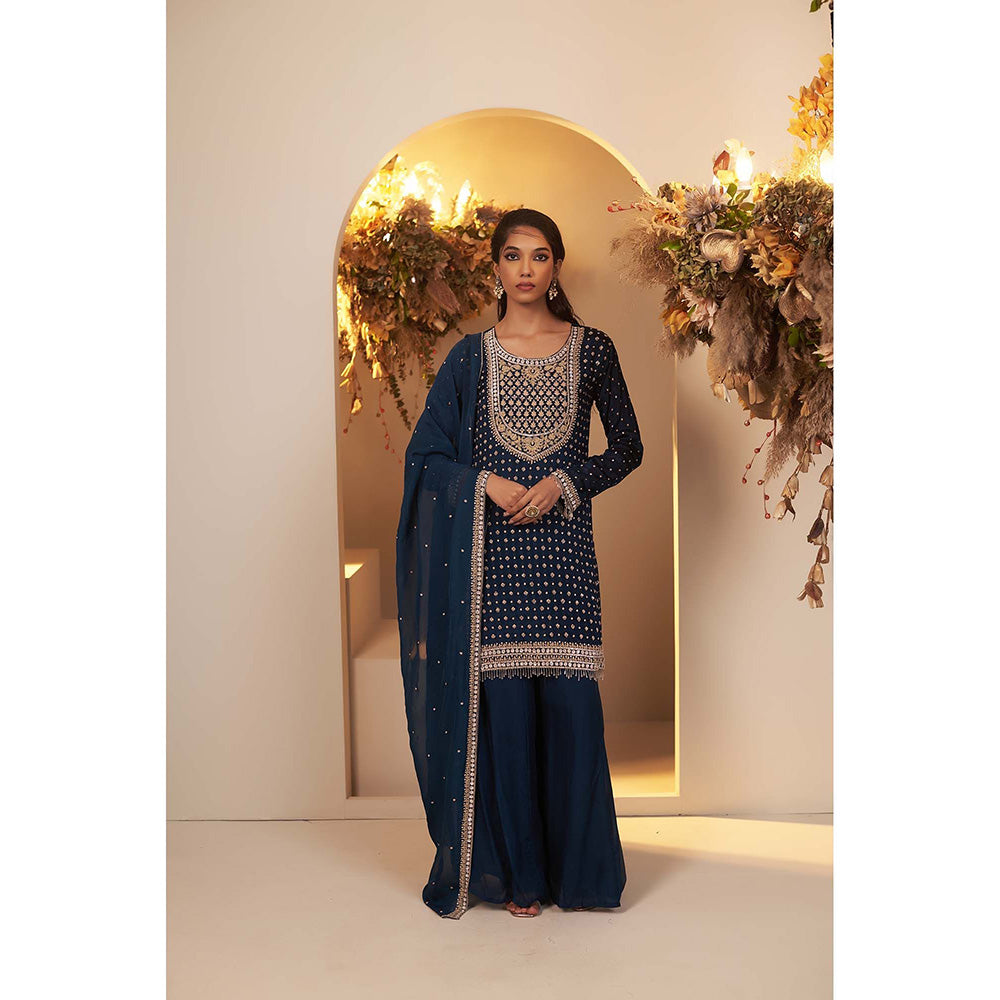 Baidehi English Blue Embroidered Kurta with Sharara and Dupatta (Set of 3)