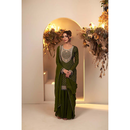 Baidehi Olive Green Embroidered Kurta with Sharara and Dupatta (Set of 3)