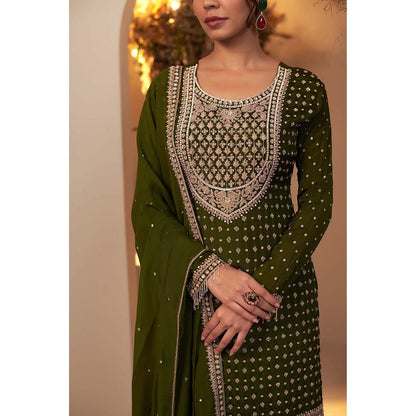 Baidehi Olive Green Embroidered Kurta with Sharara and Dupatta (Set of 3)