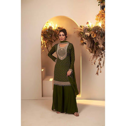 Baidehi Olive Green Embroidered Kurta with Sharara and Dupatta (Set of 3)