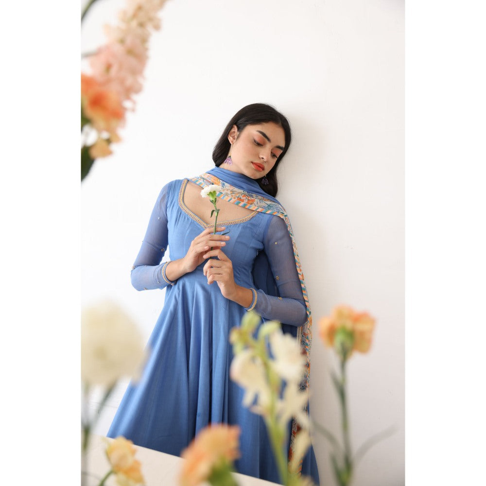 Baise Gaba Blue Floral Printed Lagoon Dupatta