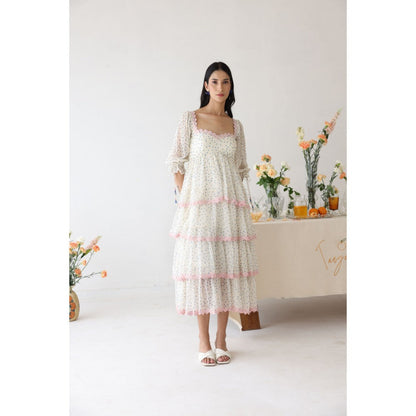 Baise Gaba Off White Polka Dots Lush Midi Dress