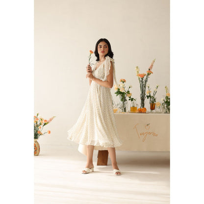Baise Gaba Off White Polka Dots Melody Midi Dress