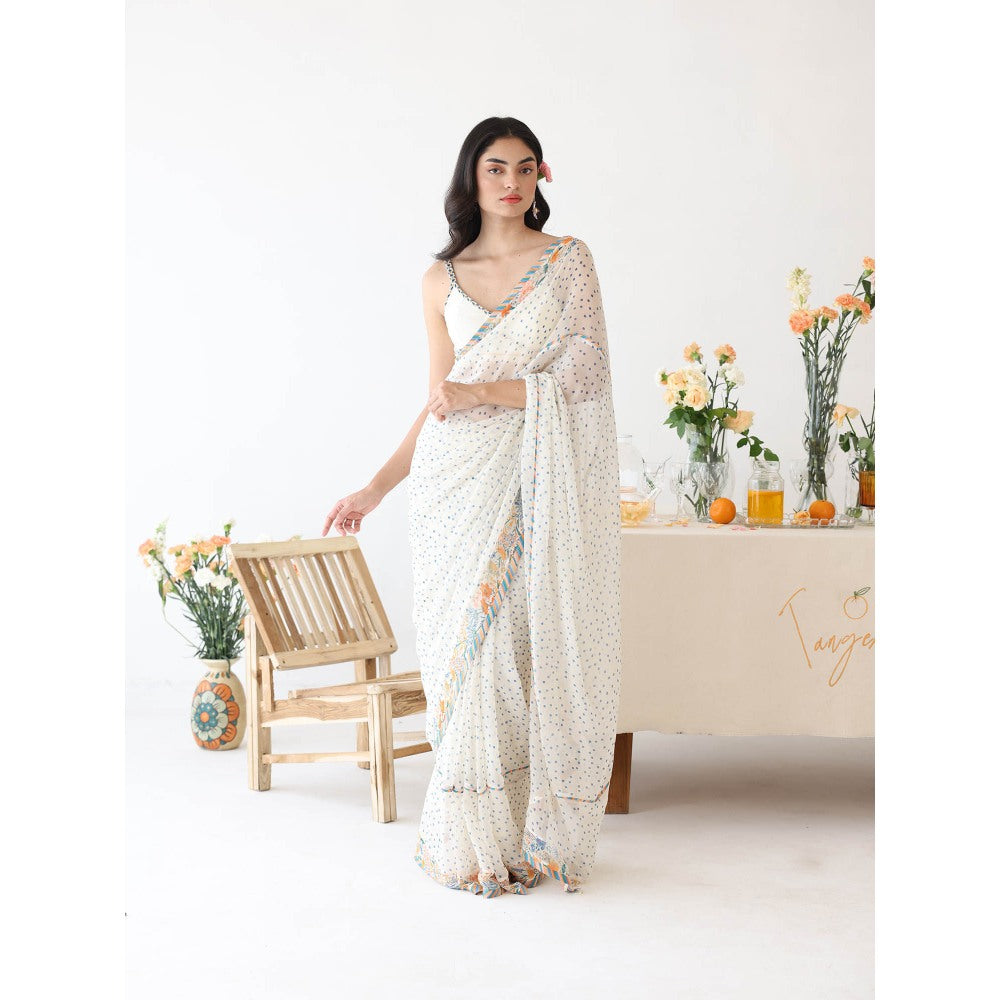 Baise Gaba Ode White Printed Saree with Unstitched Blouse
