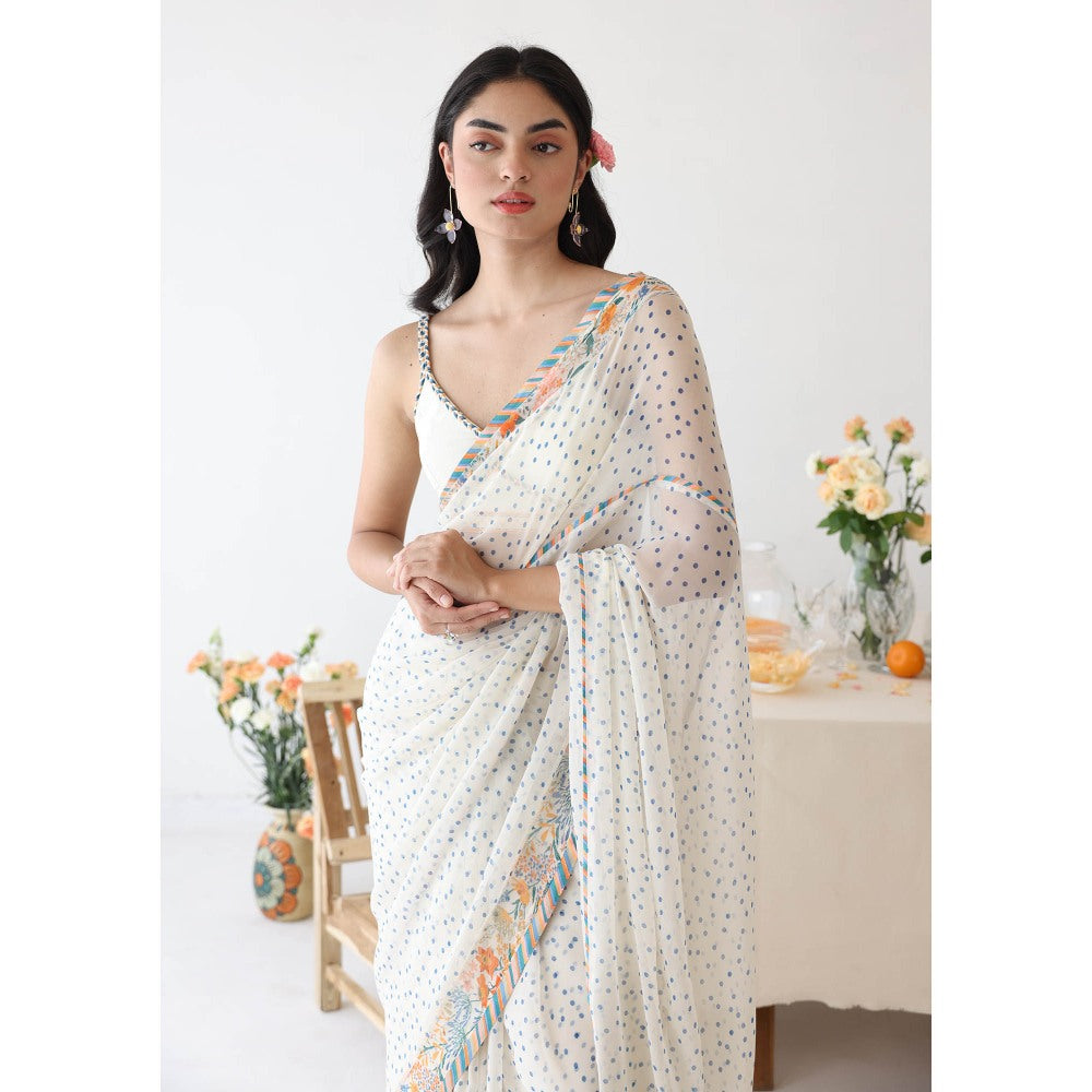 Baise Gaba Ode White Printed Saree with Unstitched Blouse