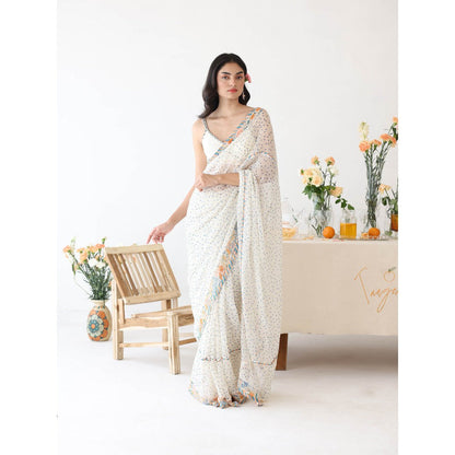 Baise Gaba Ode White Printed Saree with Stitched Blouse