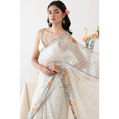 Baise Gaba Ode White Printed Saree with Stitched Blouse