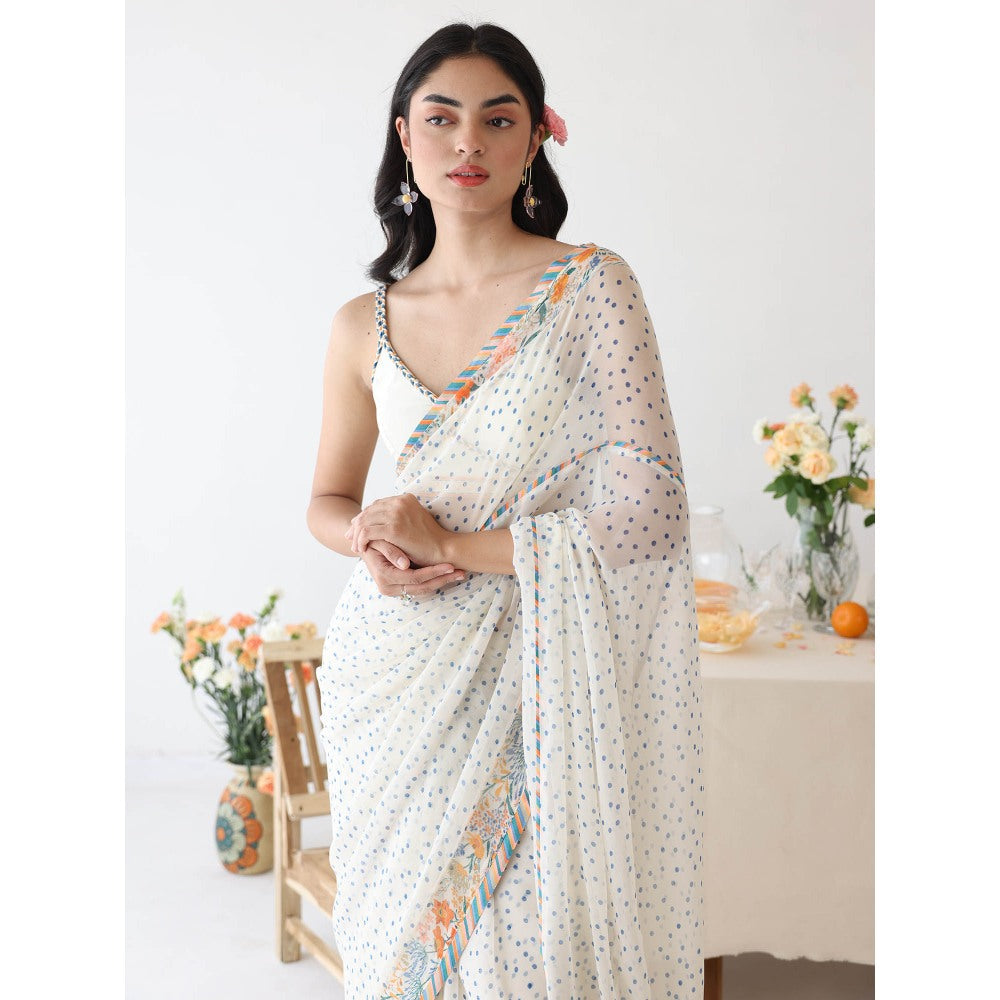 Baise Gaba Ode White Printed Saree with Stitched Blouse