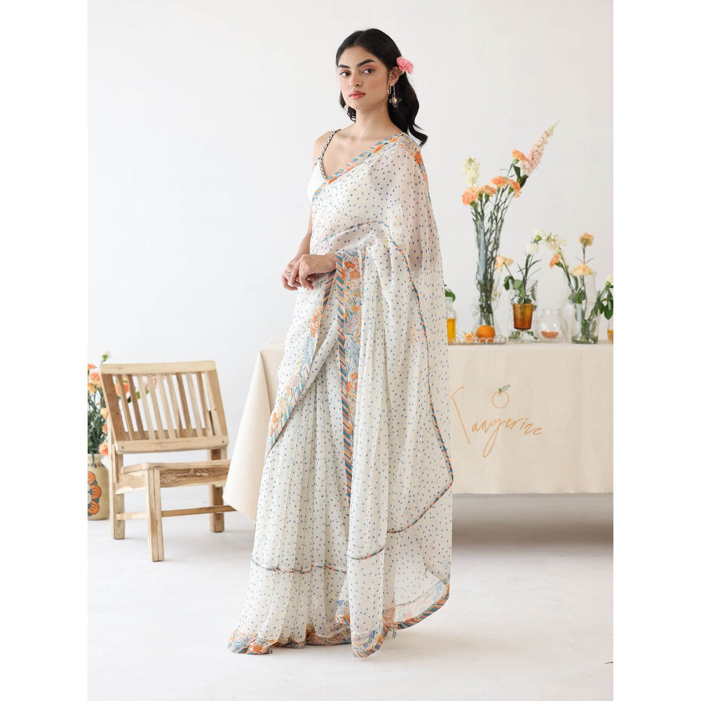Baise Gaba Ode White Printed Saree with Stitched Blouse
