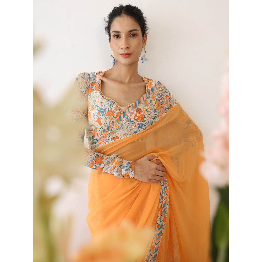 Baise Gaba Tangelo Orange Saree with Stitched Blouse