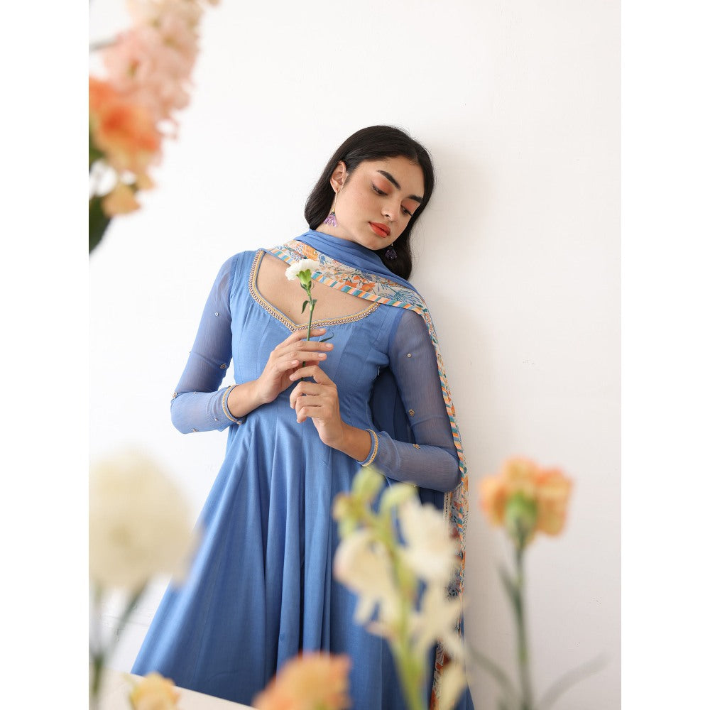 Baise Gaba Blue Lagoon Embroidered Neck Anarkali Kurta