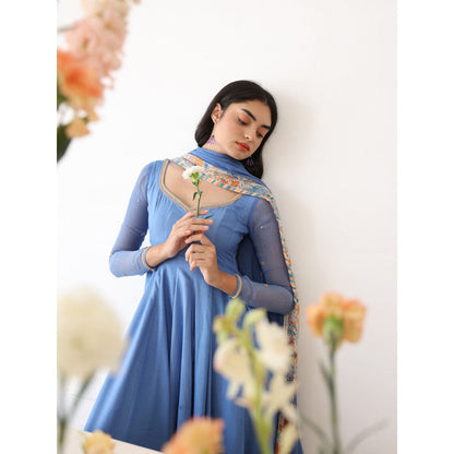 Baise Gaba Blue Lagoon Embroidered Neck Anarkali Kurta