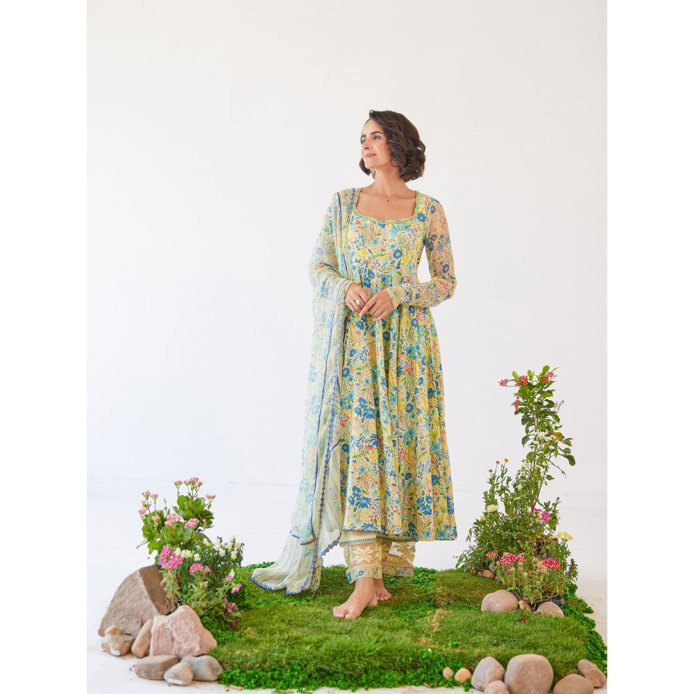Baise Gaba Yellow Floral Printed Gloria Anarkali Kurta with Pant & Dupatta (Set of 3)