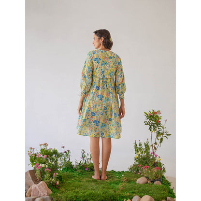 Baise Gaba Light Yellow Floral Printed Mystic Knee Length Dress