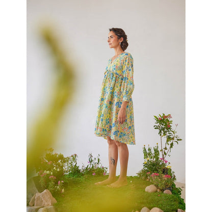 Baise Gaba Light Yellow Floral Printed Mystic Knee Length Dress