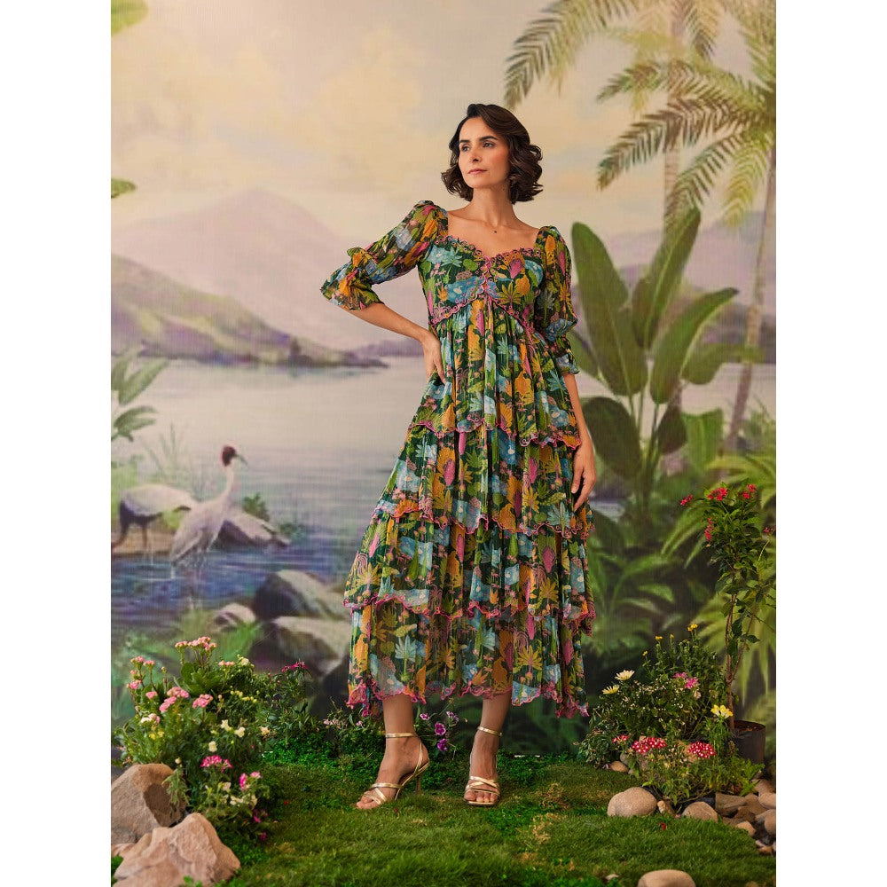 Baise Gaba Green Aanya Embroidery Floral Printed Midi Dress