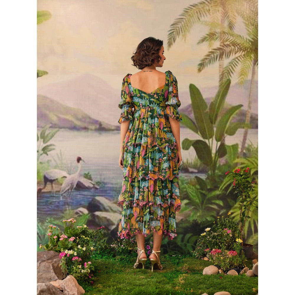 Baise Gaba Green Aanya Embroidery Floral Printed Midi Dress