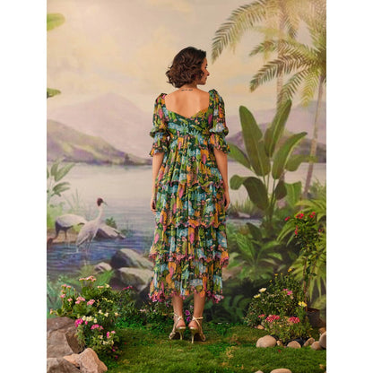 Baise Gaba Green Aanya Embroidery Floral Printed Midi Dress