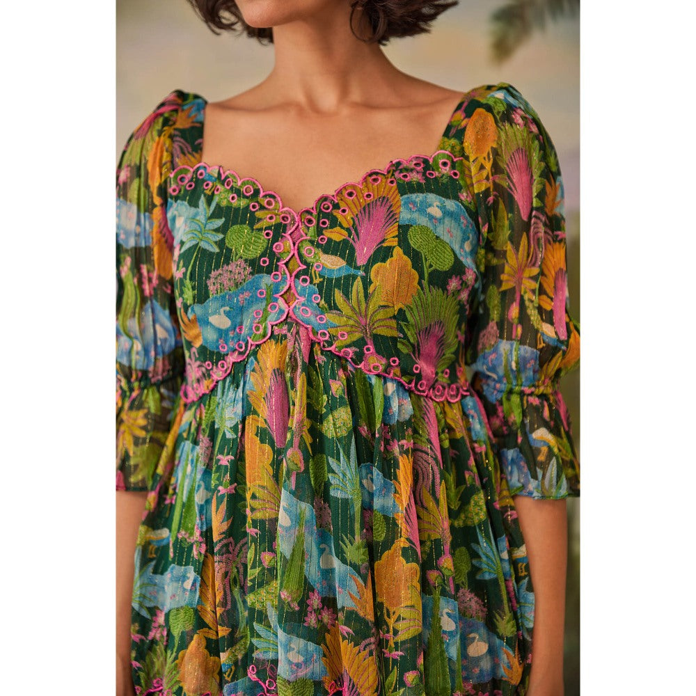Baise Gaba Green Aanya Embroidery Floral Printed Midi Dress