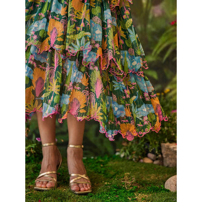 Baise Gaba Green Aanya Embroidery Floral Printed Midi Dress