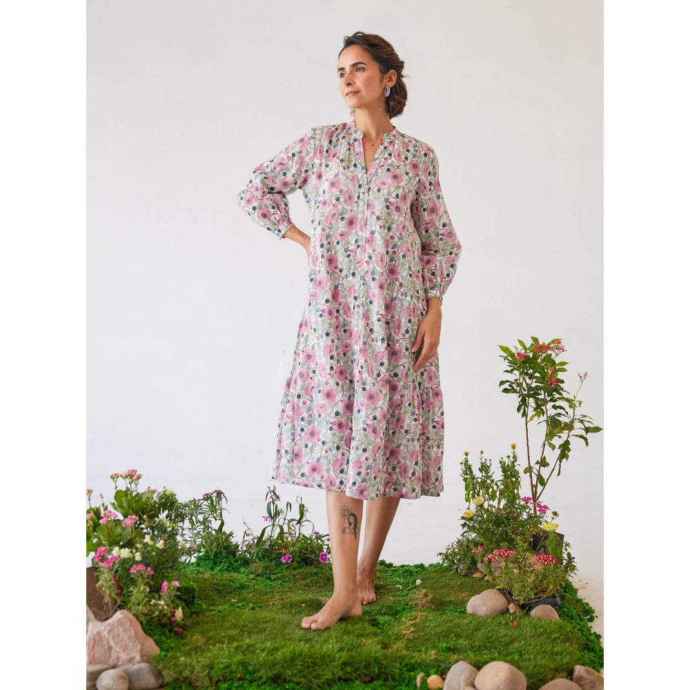 Baise Gaba White Blossom Floral Printed Breeze Midi Dress