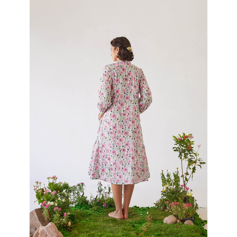 Baise Gaba White Blossom Floral Printed Breeze Midi Dress