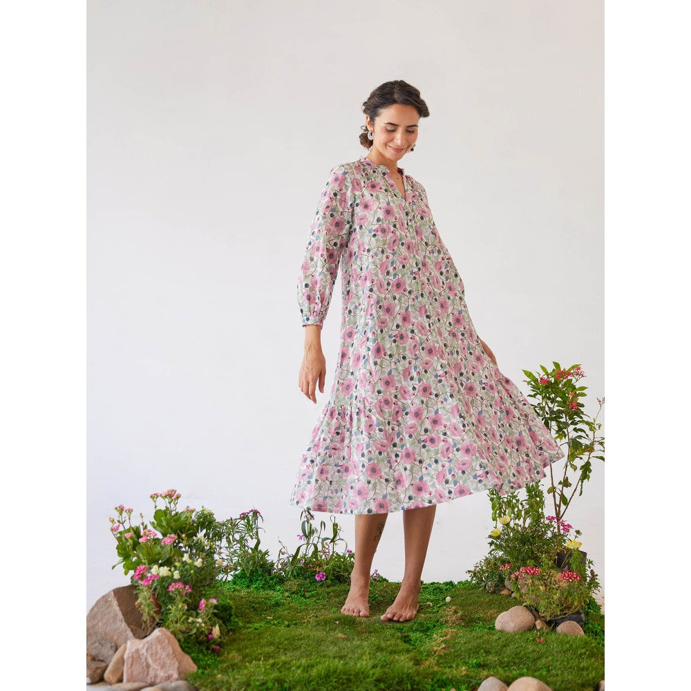 Baise Gaba White Blossom Floral Printed Breeze Midi Dress
