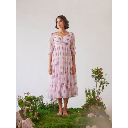 Baise Gaba Light Pink Floral Printed Zoya Midi Dress