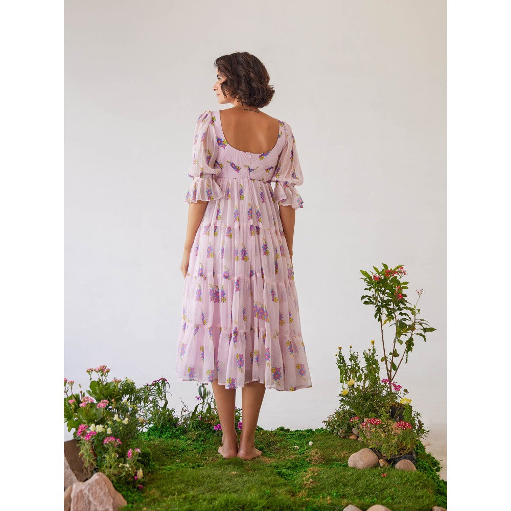 Baise Gaba Light Pink Floral Printed Zoya Midi Dress