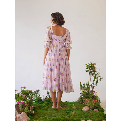 Baise Gaba Light Pink Floral Printed Zoya Midi Dress