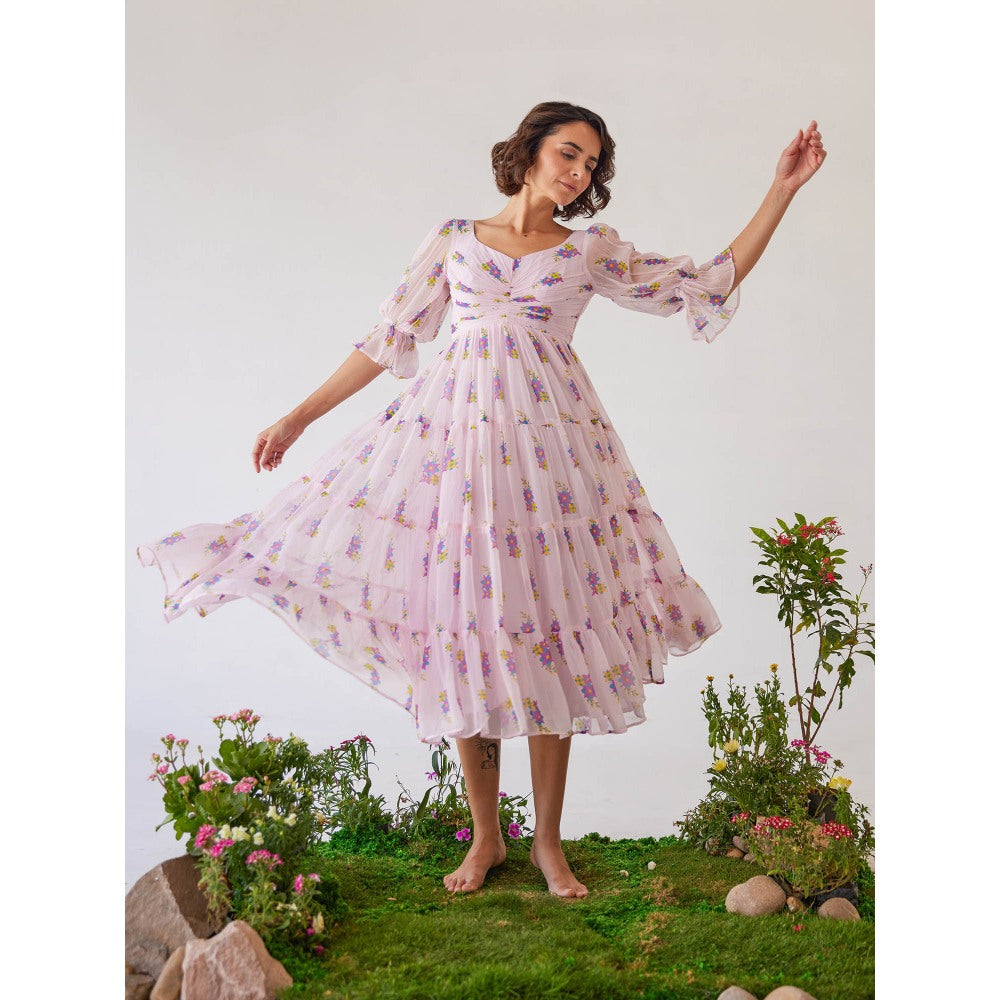 Baise Gaba Light Pink Floral Printed Zoya Midi Dress