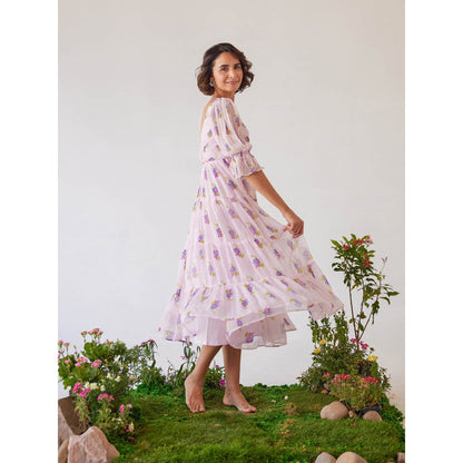 Baise Gaba Light Pink Floral Printed Zoya Midi Dress