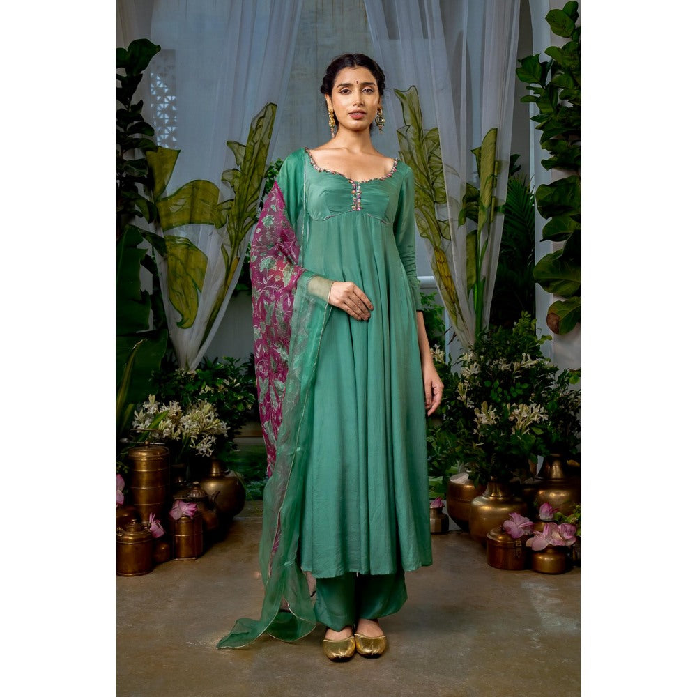 Baise Gaba Radhika Green Anarkali Kurta with Palazzo and Dupatta (Set of 3)