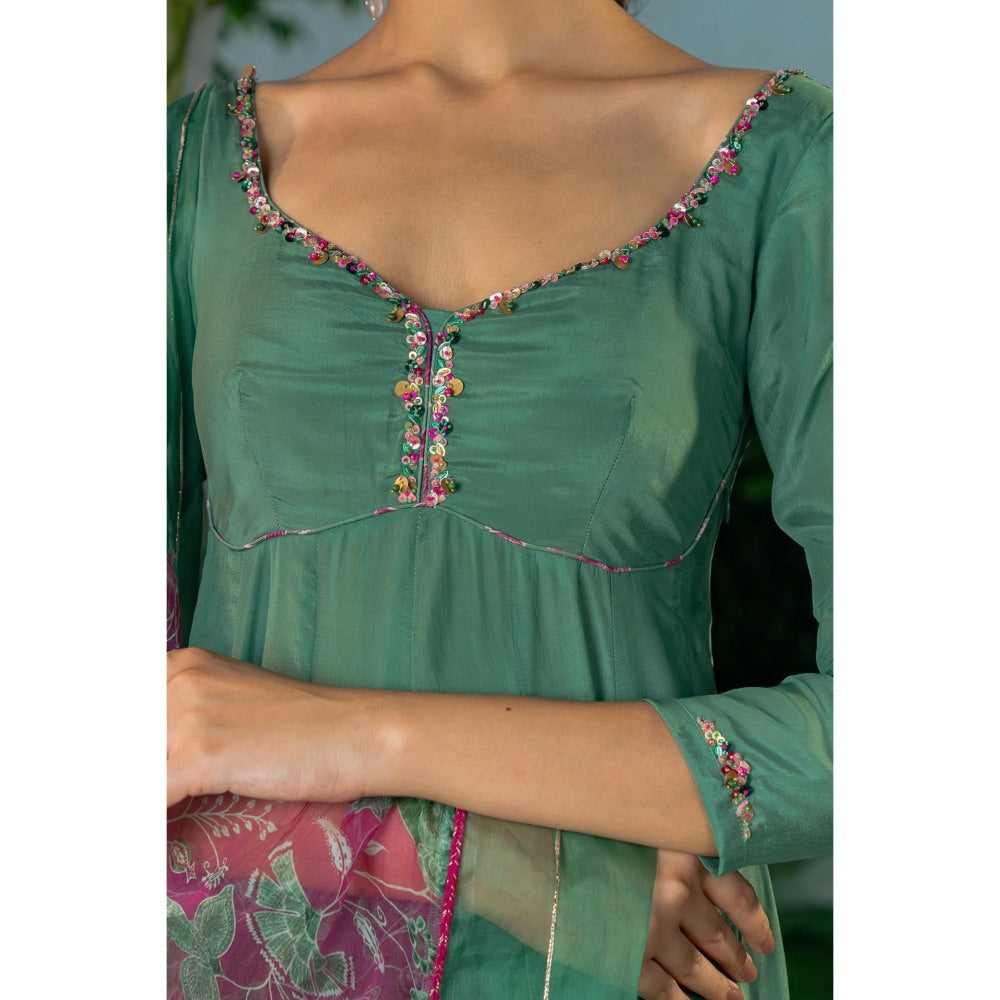 Baise Gaba Radhika Green Anarkali Kurta with Palazzo and Dupatta (Set of 3)