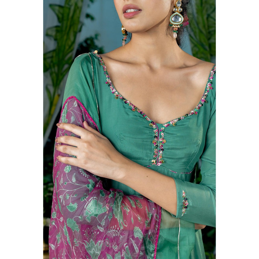 Baise Gaba Radhika Green Anarkali Kurta with Palazzo and Dupatta (Set of 3)
