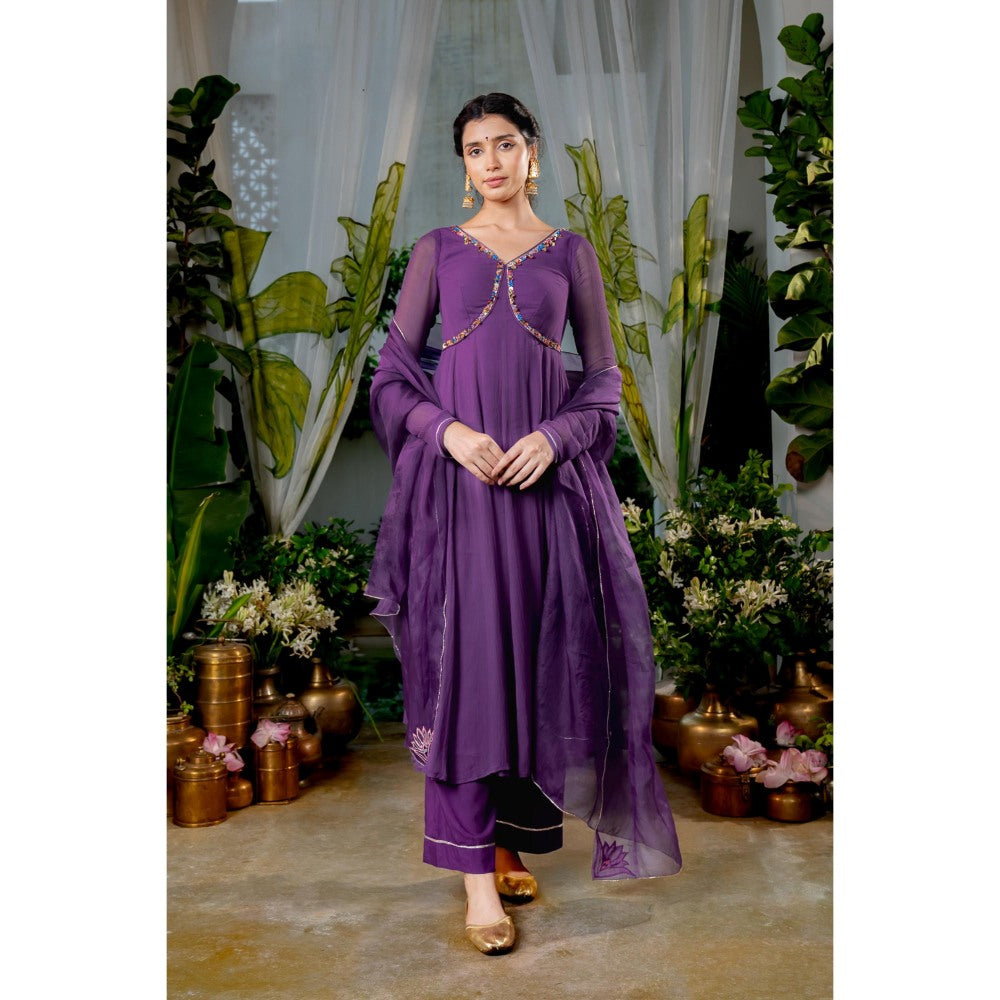 Baise Gaba Nishkha Purple Anarkali Kurta with Pant and Dupatta (Set of 3)
