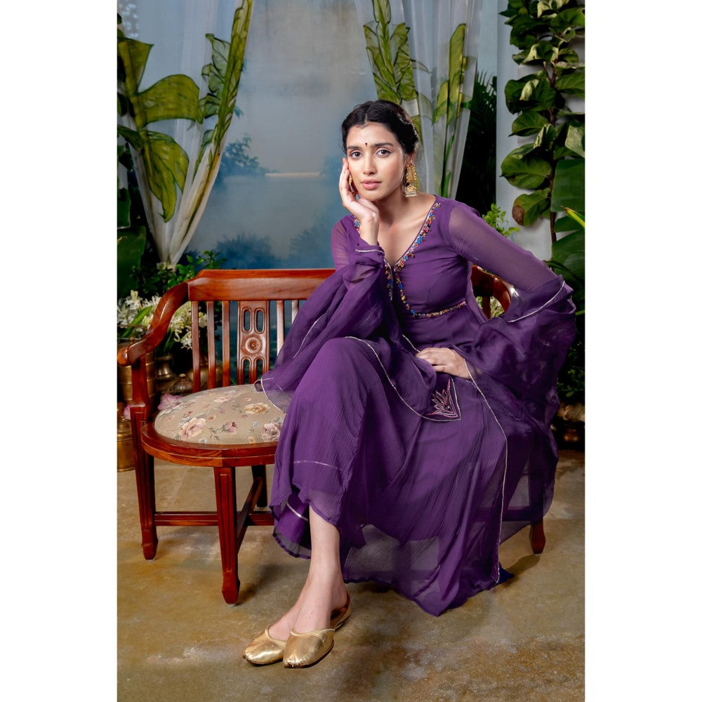 Baise Gaba Nishkha Purple Anarkali Kurta with Pant and Dupatta (Set of 3)