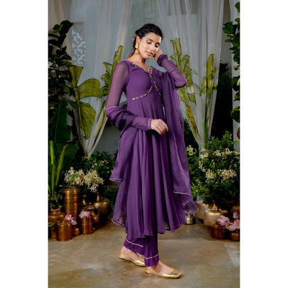 Baise Gaba Nishkha Purple Anarkali Kurta with Pant and Dupatta (Set of 3)