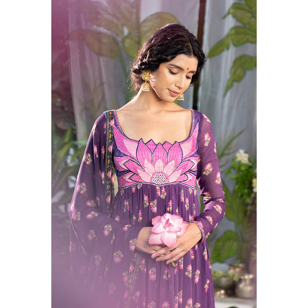 Baise Gaba Jinal Purple Anarkali Kurta with Pant and Dupatta (Set of 3)