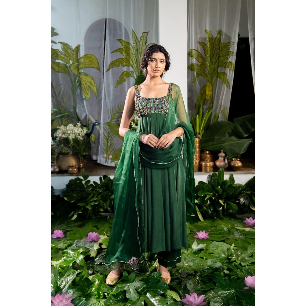 Baise Gaba Maanasa Green Anarkali Kurta with Pant and Dupatta (Set of 3)