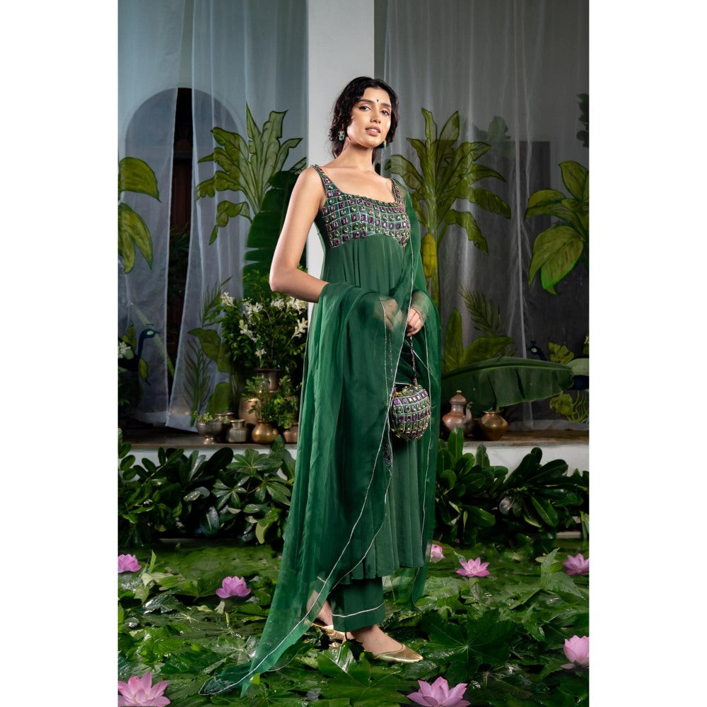 Baise Gaba Maanasa Green Anarkali Kurta with Pant and Dupatta (Set of 3)